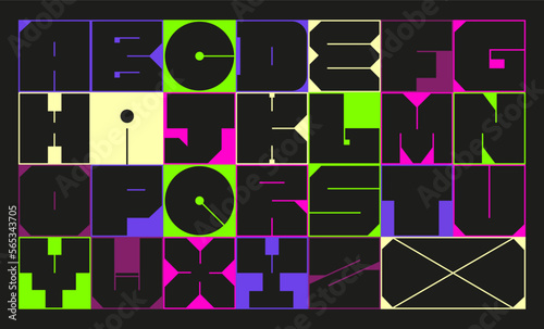 Modern Latin alphabet . Simple square letters of rough shapes. English font of linear capital, very thick letters with a thin stroke. Ultra bold font in modern brutal style.