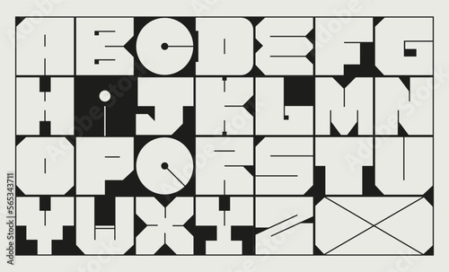 Modern Latin alphabet . Simple square letters of rough shapes. English font of linear capital, very thick letters with a thin stroke. Ultra bold font in modern brutal style.