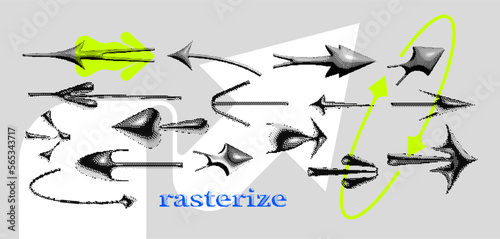 set of bizarre unusual arrows in pseudo 3d halftone style. Forms of figures in the modern style of brutalism