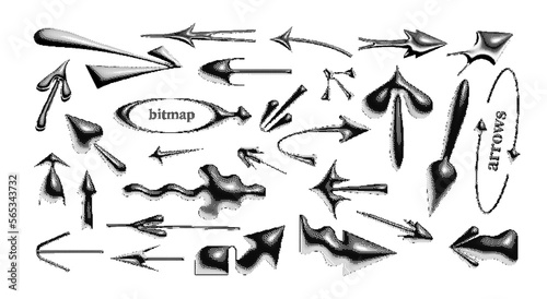 set of bizarre unusual arrows in pseudo 3d halftone style. Forms of figures in the modern style of brutalism