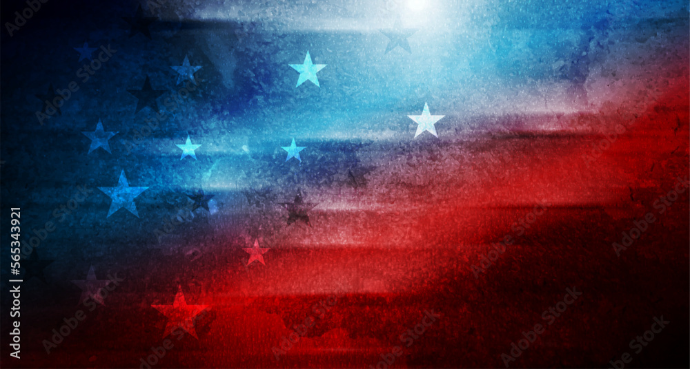 USA colors, stars and glowing stripes abstract grunge blot background. Independence Day modern design. Concept american flag. Vector illustration