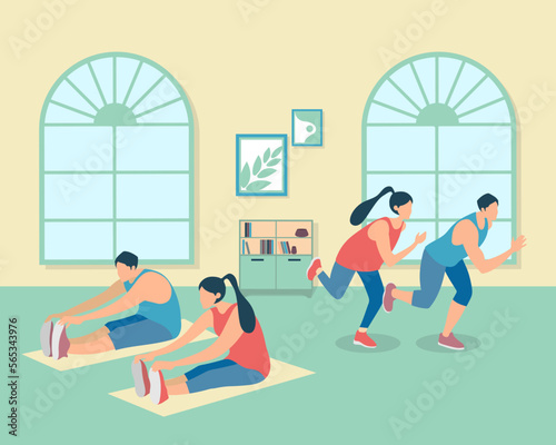 Healthy young group of people practicing yoga . Vector illustration. Workout, exercise, fitness, indoor, meditation, lifestyle, stay at home concept © Johnstocker