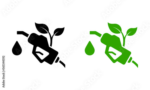 Ecology Gas Station Silhouette Icon Set. Petroleum Energy Pump. Eco Friendly Oil Gas Industry Pictogram. Fuel Nozzle Holder Eco Power with Leaf for Transportation Sign. Isolated Vector Illustration