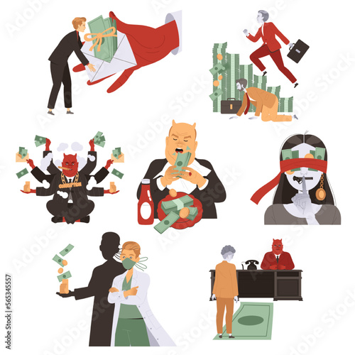 Bribery and Corruption with People Character Giving and Receiving Money Vector Set