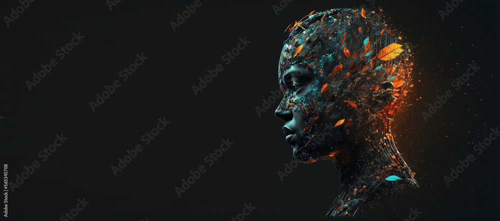 Head tech brain black background. Created with generative Ai technology. Head tech brain black background. Created with generative Ai technology.