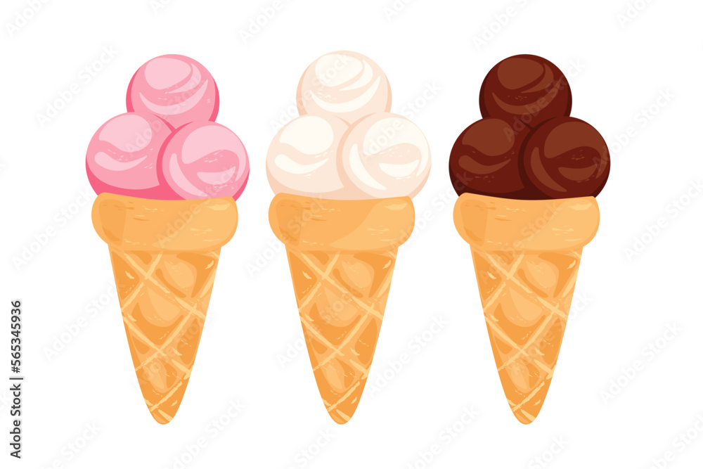 Set of ice cream in a waffle cup.Pink,chocolate.white ice cream.Vector illustration isolated on white background.