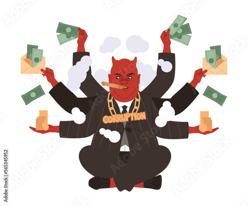 Bribery and Corruption with Man Devil Character with Many Hands Giving and Receiving Money and Smoking Cigar Vector Illustration