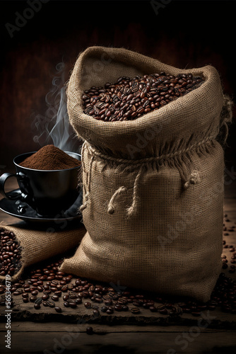 Rustic photo of Coffee beans in a sack ai generative