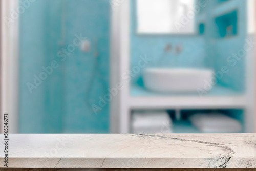 Empty marble top table with blurred bathroom interior Background. for product display.
