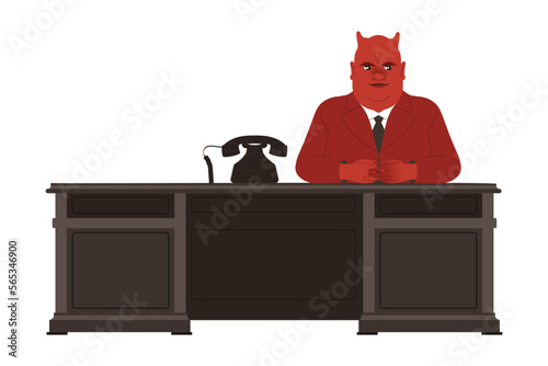 Bribery and Corruption with Horned Red Man Character Sitting at Desk Vector Illustration