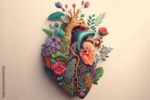 Abstract realistic illustrated colorful love heart made of fresh Spring flowers. Decorative human heart. good for Valentine's Day, celebration, party . Generative AI.
