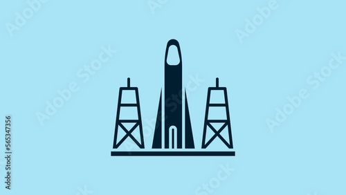 Blue Rocket launch from the spaceport icon isolated on blue background. Launch rocket in space. 4K Video motion graphic animation