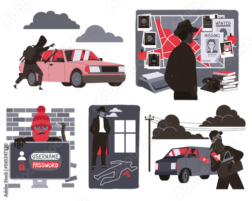 Crime Committing with Man Criminal and Detective Pursue Investigation Vector Set