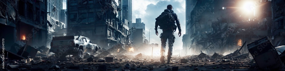 Illustration photo of the back of a man silhuette in a broken down destroyed city, ultrawide Illustration photo of the back of a man silhuette in a broken down destroyed city, ultrawide