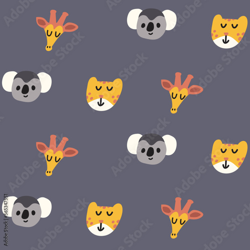 Vector colorful seamless baby pattern, print with different cartoon leopard, cheetah, giraffe and koala heads for children, kids clothes, wear, apparel
