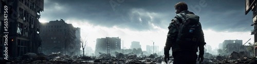 Illustration photo of the back of a man silhuette in a broken down destroyed city, ultrawide