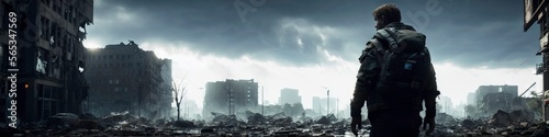 Illustration photo of the back of a man silhuette in a broken down destroyed city, ultrawide photo