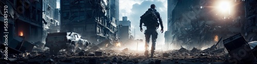Illustration photo of the back of a man silhuette in a broken down destroyed city, ultrawide