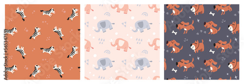 Vector colorful seamless baby pattern, print with cartoon zebra, elephant and dog for children, kids clothes, wear, apparel