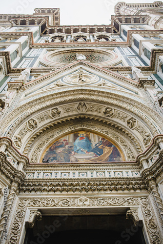 Catholic Cathedral of Santa Maria del Fiore. Giotto s bell tower. Reliefs and frescoes on marble walls. Renaissance Era