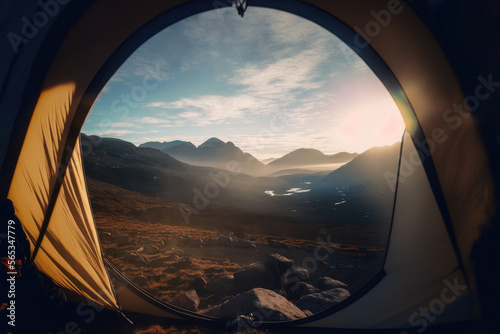 POV from a tent looking out at the tops of Scottish highlands