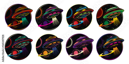 An original vector collection in a vintage style. Flying saucer in space on the background of planets