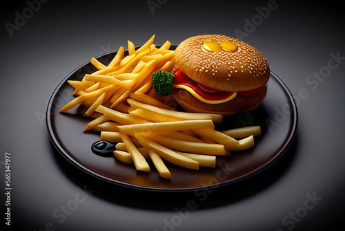 Potato Fries, French Fries, Hamburger on a dark plate, food design