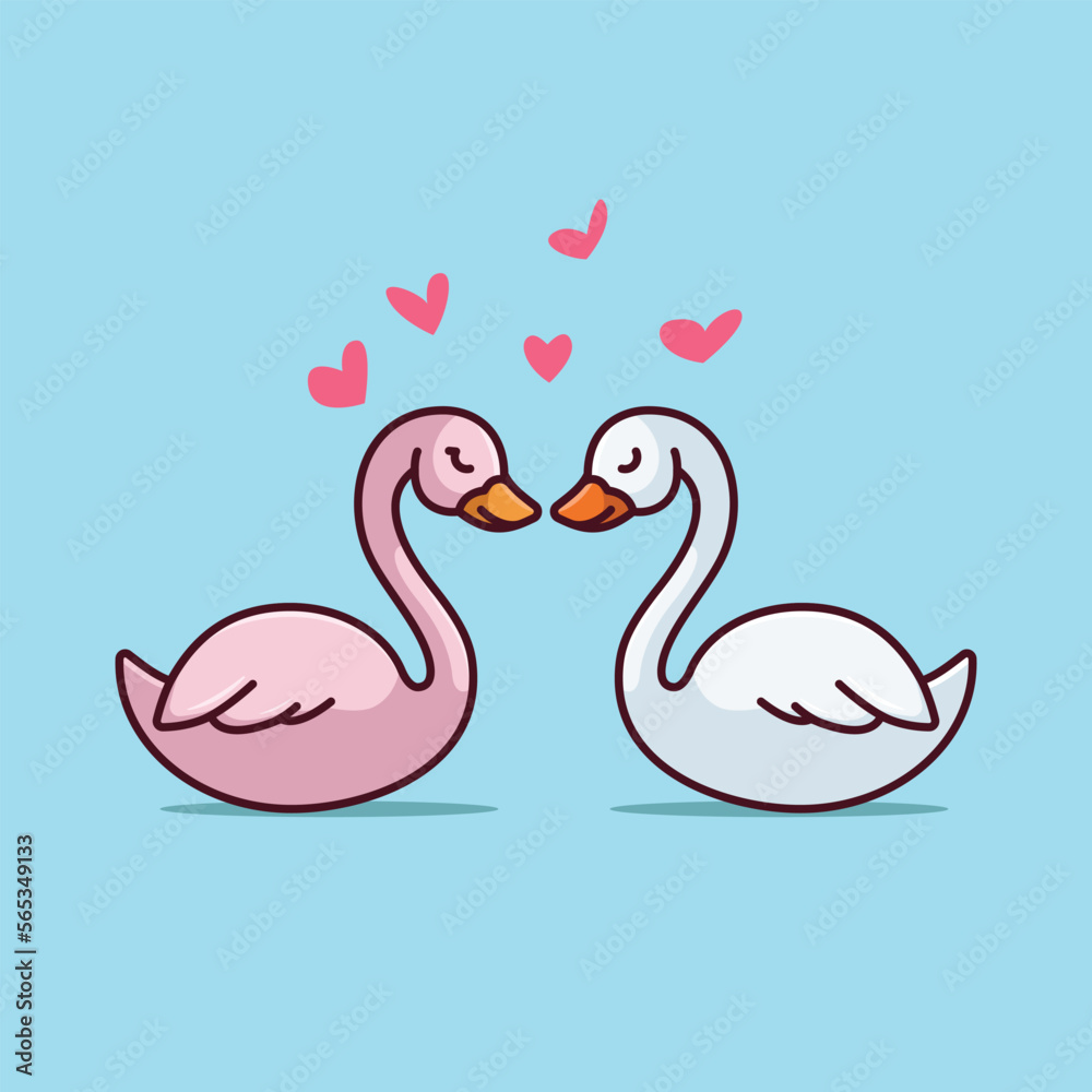 Fototapeta premium Cute swan couple love heart cartoon vector illustration animal nature isolated free