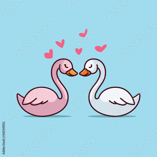 Cute swan couple love heart cartoon vector illustration animal nature isolated free