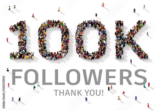 Photography Crowd of people gathered together in the shape of 100 K followers text, fans o