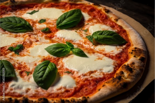Nahaufnahme einer ungeschnittenen Pizza Margherita mit Mozzarella und Basilikum (Generative AI)