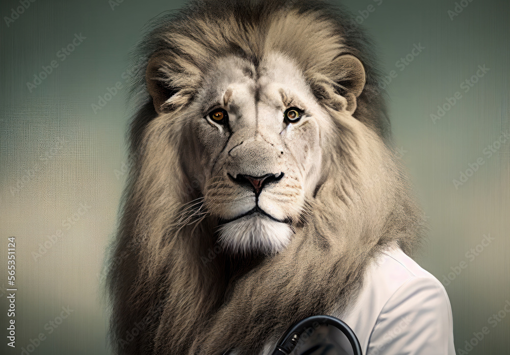 Portrait of a lion in a doctor medical uniform, generative ai