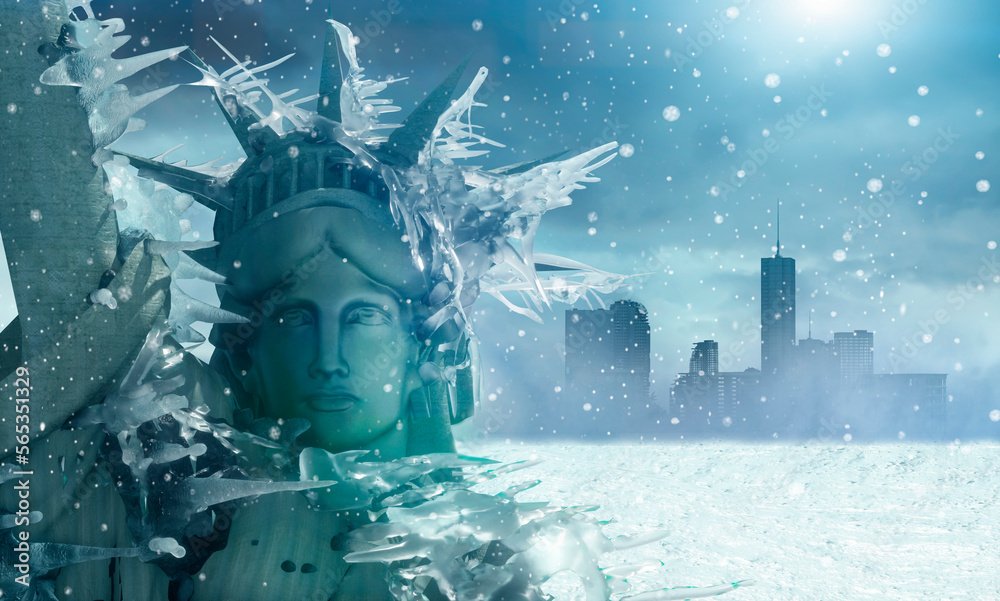 the frozen Statue of Liberty in ice in New York as a symbol of global