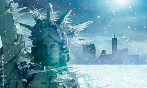 the frozen Statue of Liberty in ice in New York as a symbol of global warming and the problem of climate change, 3d render