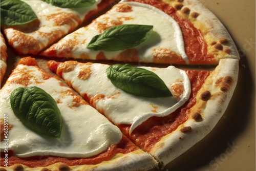 Nahaufnahme einer geschnittenen Pizza Margherita mit Mozzarella und Basilikum (Generative AI)