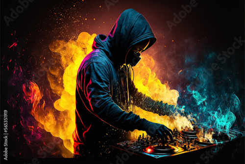 DJ mixing on fire of different colors. Generative ai. © David