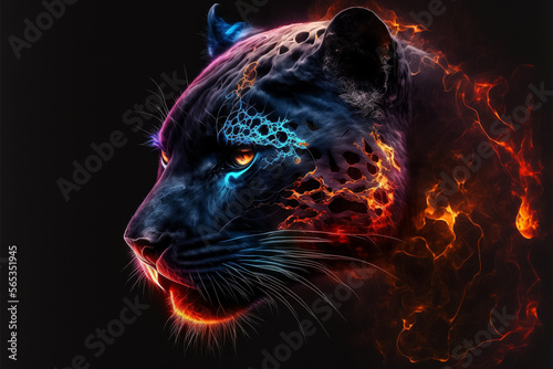 A panther burning on fire of different colors. Generative ai.