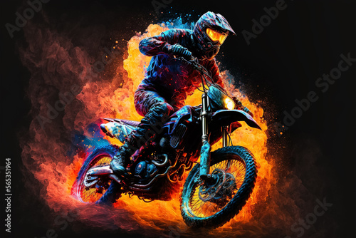 Fotografija A motocross rider riding a motocross bike  burning on fire of different colors