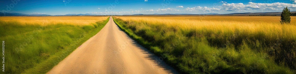 Illustration photo of a long path road in the middle of green grass, blue sky in background, ultrawide