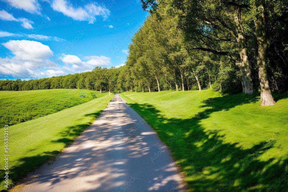 Illustration photo of a long path road in the middle of green grass, blue sky and trees  in background