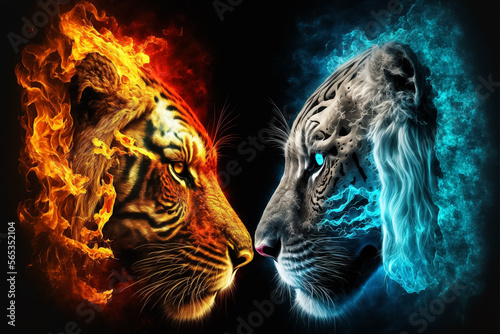 A warm good tiger against a cold bad tiger face to face. Generative ai © David