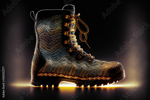 Boots with multicolor lines, dark background. Generative ai.