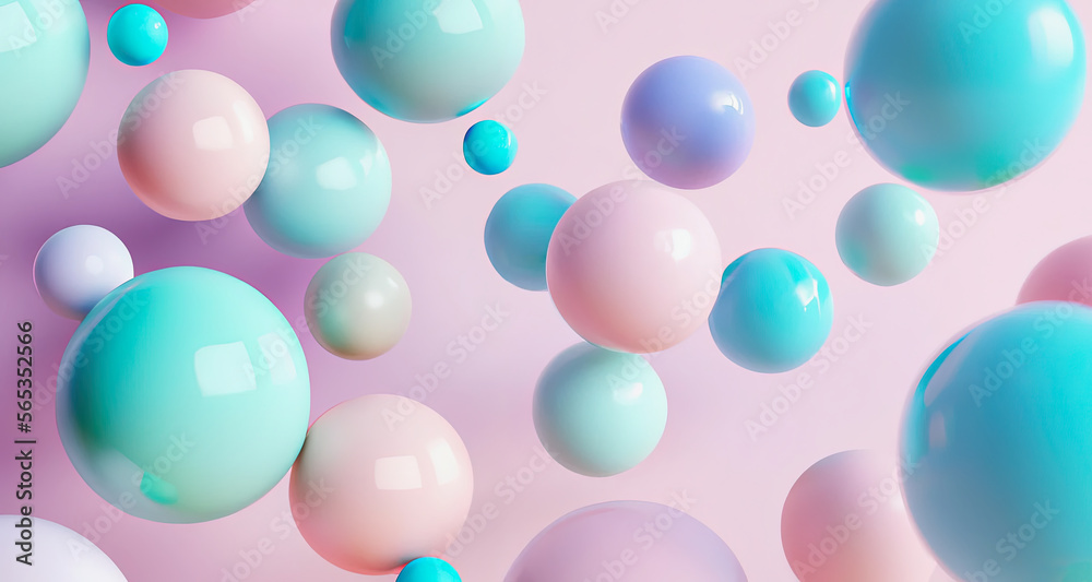 illustration of suspended pastel balls, 3d render of glossy spheres, bright pastel colored background