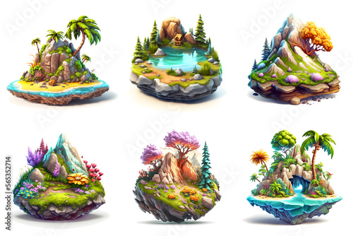 Set of cartoon design elements for pc games, like island, rocks, pond and plants. photo