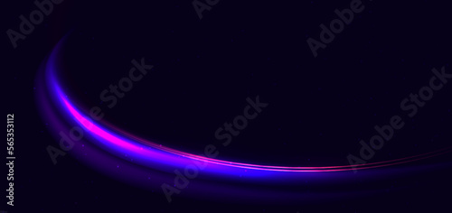 Abstract technology futuristic neon curved glowing blue and pink light lines with speed motion blur effect on dark blue background.