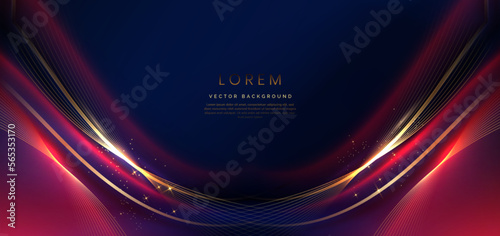 Luxury red cuved and gold lines on drak blue background with lighting effect sparkle. Template premium award design.