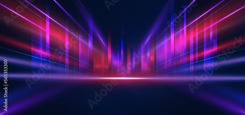 Fototapeta Naklejka Na Ścianę i Meble -  Abstract technology futuristic glowing blue and purple light lines with speed motion blur effect on dark blue background.