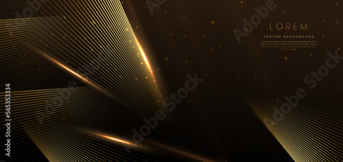 Elegant golden lines glowing with lighting effect and sparkle on dark brown background. Template luxury premium award design.