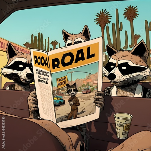 Obraz na plátně pothead raccoons brainstorming ideaa for a poster holding a flyer of their party