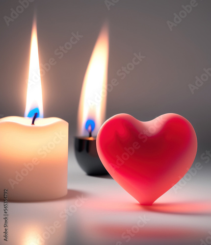 A heart-shaped prop besides two candles, the soft glow casting a warm light on the surrounding area. A Valentine’s Day and Wedding Anniversary special romantic love background. Generative AI.